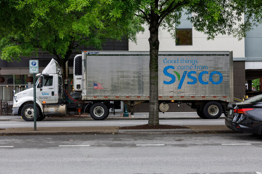 CHATTANOOGA, TN, USA-10 MAY 2021: A Sysco food distributor truck on Broad Street in downtown.