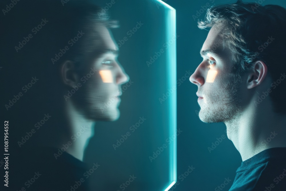 Fototapete a person stares into a digital mirror, observing an ai version of themselves illuminated softly in a