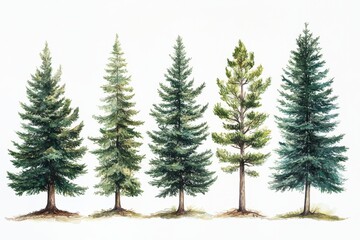 Illustration of a variety of five distinctive pine trees showcasing different shapes and foliage
