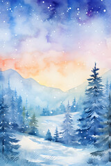 Fototapeta premium Snowy winter landscape with sunset hues and distant mountains under a gentle snowfall. Watercolor illustration.