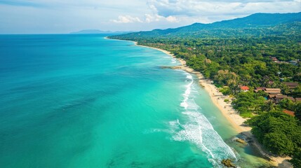 Fototapeta premium Aerial view of a tropical beach with turquoise water and white sand.