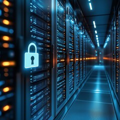 Server room is protecting data with cyber security padlock, big data concept