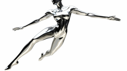 Chrome Figurine Leaps Dynamically, 3D Render of a Sleek, Metallic Body in Motion, Against White Background