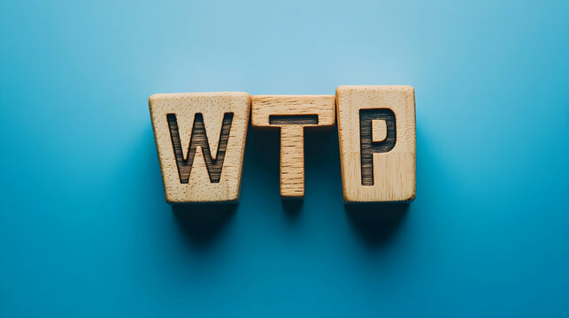 Wooden Blocks Spelling Out the Acronym WTP on a Blue Background