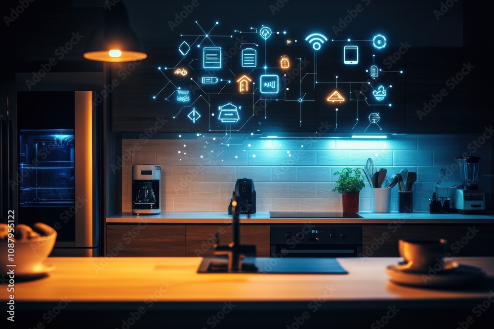 Poster A well-designed kitchen showcases smart appliances and digital interfaces, creating a high-tech cooking environment illuminated at night. Generative AI