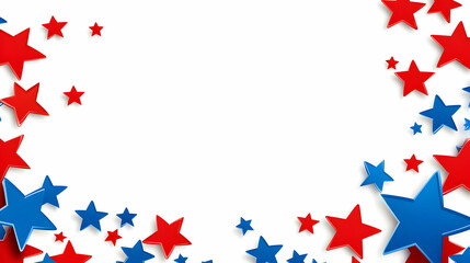 Red and Blue 3D Stars Scattered Around White Background, Creating a Festive and Patriotic Frame, Perfect for Celebrations and Designs