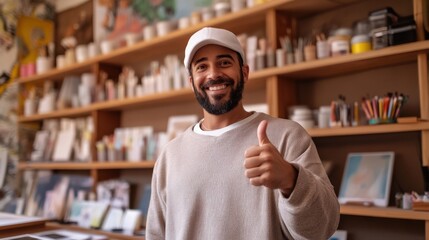 Fototapeta premium Cheerful Artist in Creative Studio Showing Thumbs Up