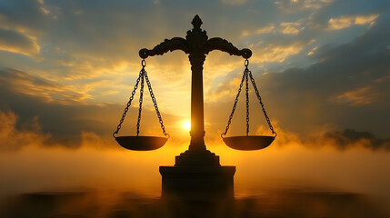 3D Render of Scales of Justice at Sunrise, Misty Background, Symbolic of Law and Balance