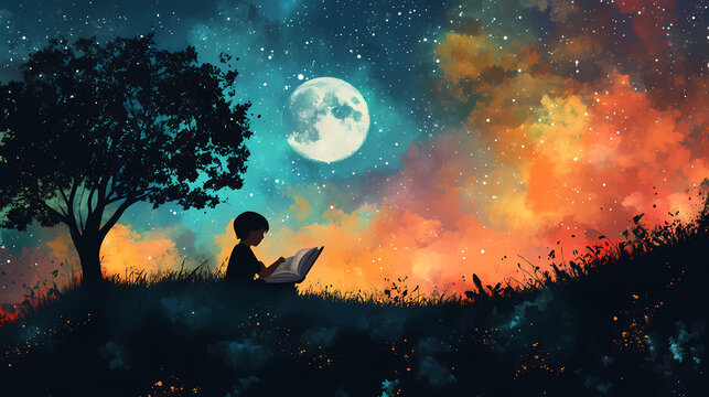 Surreal moonlit fantasy: child reading amid cosmic trees and vibrant sky. Celestial Moonlit Sky. Illustration