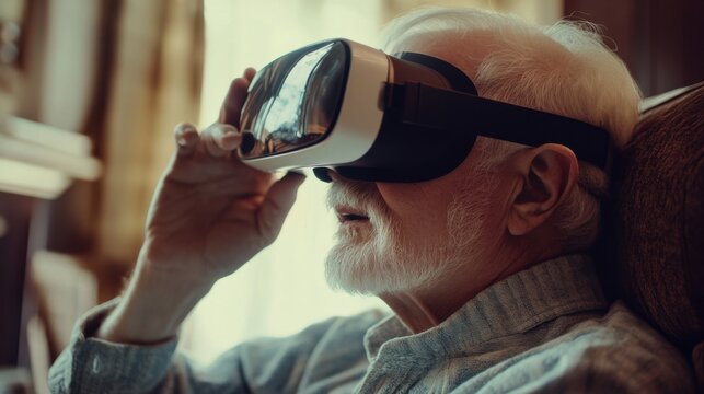 Senior man explores virtual reality technology in his cozy living room during the day