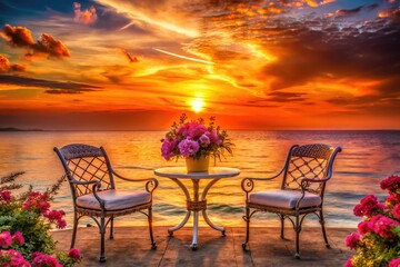 Fototapeta premium Serene Ocean Sunset Silhouette with Chairs, Table, and Flowers â€“ Perfect for Tranquil Home Decor