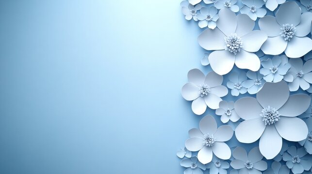 Pastel blue paper flowers on light blue background.