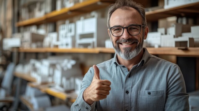 Confident Architect Smiling in Modern Studio with Design Models