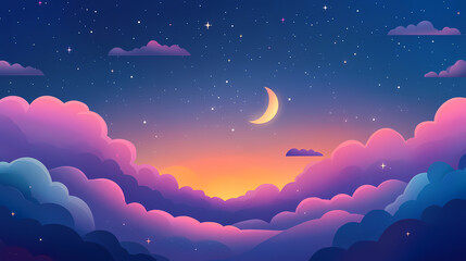 Landscape featuring a serene moonlit sky with billowing clouds , moon, clouds, night, sky, stars, peaceful, tranquil, serene. Celestial Moonlit Sky. Illustration
