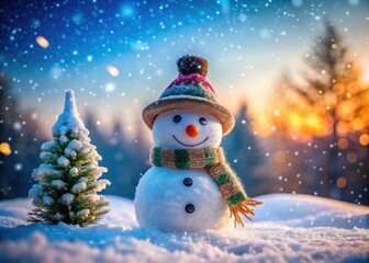Obraz premium Enchanting Winter Wonderland Featuring a Charming Snowman in a Serene Snowy Landscape with Twinkling Snowflakes and Frosty Trees