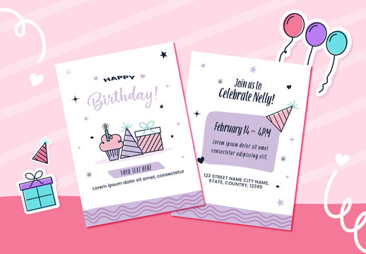 Purple And White Birthday Invitation Card Template