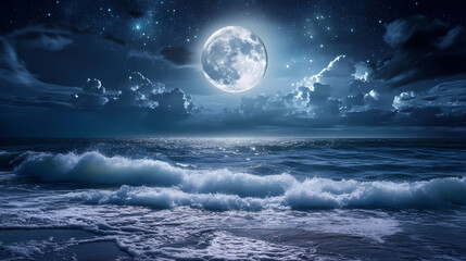 Experience the enchantment of a moonlit landscape with glimmering waves under the night sky. Celestial Moonlit Sky. Illustration