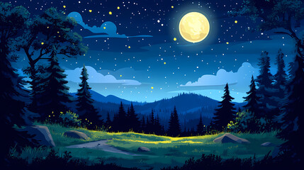 Fototapeta premium Enchanting celestial landscape showcasing moonlit night skies stars radiating glorious display, sky, scenery, glow, illumination, astronomy, panorama. Celestial Moonlit Sky. Illustration