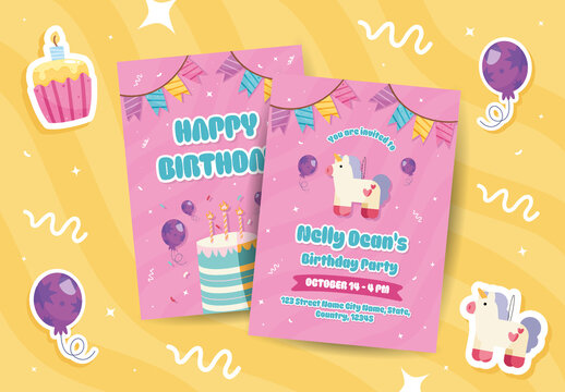Pink and Colorful Cute Unicorn Birthday Party Invitation Template