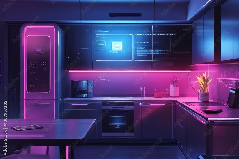 Poster The kitchen showcases advanced smart appliances, illuminated with colorful lighting, creating a stylish and functional cooking environment. Generative AI