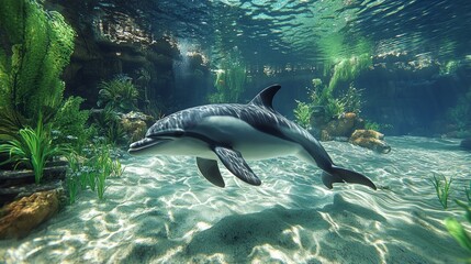 Fototapeta premium Pacific white sided dolphin gracefully navigates its aquarium habitat, showcasing its streamlined body and playful nature