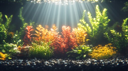 Obraz premium Colorful aquatic plants thrive in a freshwater aquarium, illuminated by beams of sunlight filtering through the water's surface