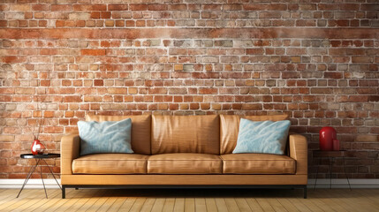 3D render Artistic Interiors- Enhancing Spaces with Mock-Up Posters, Brick Textures, and Relaxation with Sofa Designs