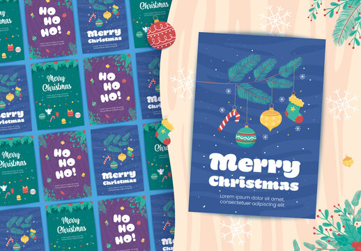 Blue and Green Illustrative Holiday Greeting Card Set