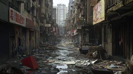Obraz premium A narrow, debris-filled alleyway in an urban cityscape with buildings on either side and a distant skyline.