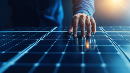 Fototapeta premium A hand gently touches a solar panel, reflecting the delicate integration of technology and human interaction in sustainable energy solutions.