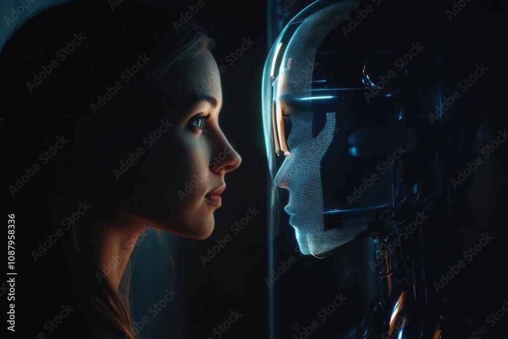 Leinwandbilder a person looks closely into a digital mirror where a sleek robot reflection appears, illuminated in 