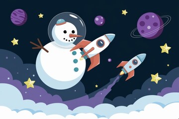 Whimsical Snowman Astronaut Space - Festive Holiday Illustration Christmas & New Year