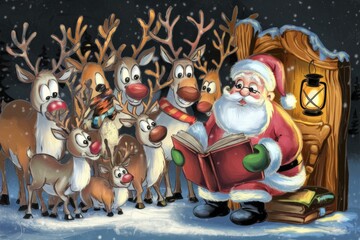 Whimsical Santa Claus Reading Reindeer Snowy Christmas Scene