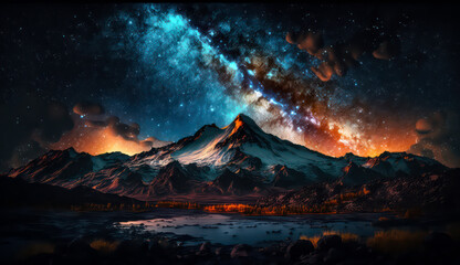 Beautiful Starry Night, Colorful Sky and Majestic Mountains under the Milky Way Galaxy, natural landscape background