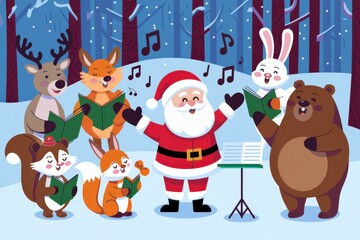 Naklejka premium Cartoon Animals Singing Santa Snowy Forest - Festive Christmas Illustration
