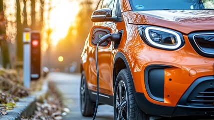 An orange electric car charging at a station during sunset in an urban setting.