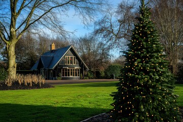 Obraz premium Cozy house with Christmas tree in winter garden