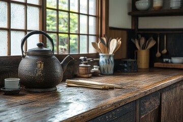 japanese kitchen dcor, inside a classic japanese kitchen, a tetsubin kettle and bamboo utensils rest on a wooden countertop