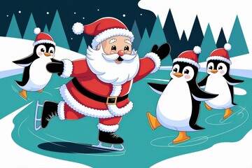 Playful Cartoon Santa Ice Skating Penguins Winter Wonderland