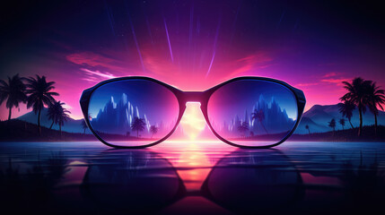 Sun glasses Glow in the Dark: Exploring the Neon Light of a Colorful Abstract Background in a Futuristic Electronic music Concept