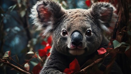 Obraz premium A close-up portrait of a koala looking directly at the camera, with a blurred background of foliage and red flowers.