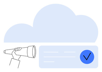 Hand holding a telescope looking at a cloud and a document with a blue check mark. Ideal for exploration, aspirations, vision, cloud technologies, goal achievement, data verification, future