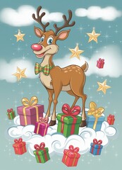 Naklejka premium Cheerful Cartoon Reindeer Colorful Gifts Fluffy Clouds - Christmas Illustration Holiday Marketing