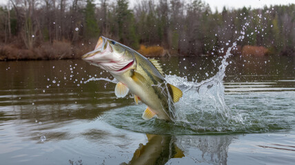 Fototapeta premium A large fish leaps out of the water, splashing water everywhere. The scene is lively and energetic, with the fish's movement creating a sense of excitement and action