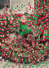 Fototapeta premium Cheerful Cartoon Elf Festive Gift Pile - Christmas Marketing Illustration