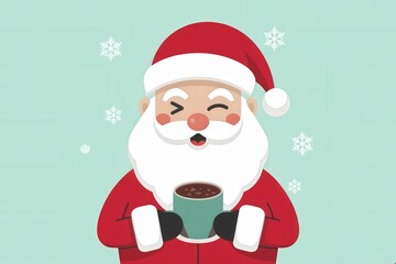 Cheerful Cartoon Santa Hot Chocolate Pastel Blue Background - Christmas Illustration Holiday Marketing