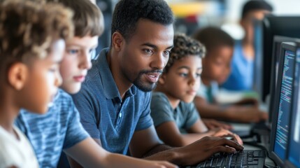 Students engaged in coding lessons with teacher in inclusive classroom setting