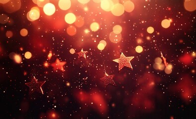 Festive background with red stars, bokeh lights, and shimmering sparkles creating a warm holiday ambiance