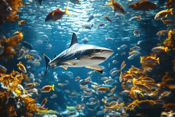 Fototapeta premium A lone grey reef shark swims through a school of colorful fish in an aquarium.