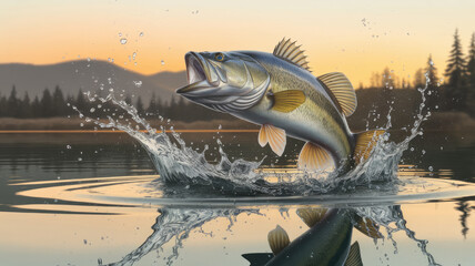 A fish is leaping out of the water, creating a splash. Concept of excitement and action, as the fish is in the midst of a thrilling moment